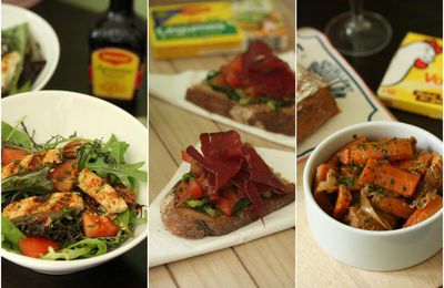 Salade méli-mélo au poulet, tartine de légumes au boeuf séché ou tajine de veau aux carottes ?