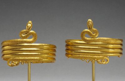 Pair of upper arm bracelets in the form of a coiled snake, Greek, 225–175 B.C.