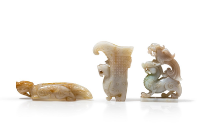 Three Archaistic Jade Carvings of Mystical Creatures, China, Qing dynasty (1644-1912) or slightly later