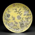An unusual Dayazhai grisaille and pink enamel-decorated yellow-ground dish, Guangxu period (1875-1908)
