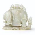 A White Jade 'Elephant and Boys' Group Carving, Qing Dynasty, Qianlong Period (1736-795)