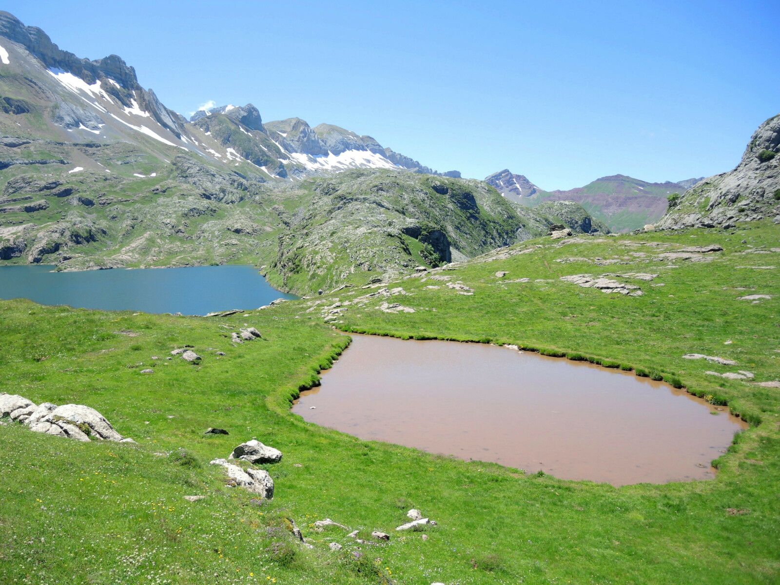 Lac d'Estaens, flaque rosée et lac d'Estaens, juin 2024 (Espagne)
