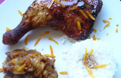 Cuisses de poulet laquées aux 5-parfums, fondue d’endives à l’orange, riz parfumé thaï