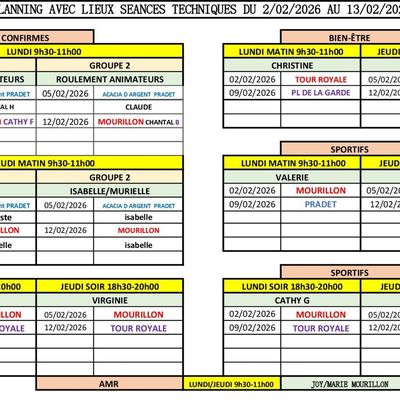 Planning des séances de février