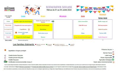 Menus du 01 Juillet au 05 Juillet 2024