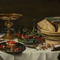 Pieter Claesz, Strawberries, currants and bread on a pewter platter, a roemer filled with wine, strawberries, cherries and curra