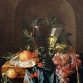 Cornelis de Heem, Still life with römer, grapes, cherries, oranges and oysters on a table top before a niche