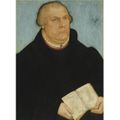 Studio of Lucas Cranach the Younger, Portrait of Martin Luther (1483-1546), half length, in a black robe, holding a prayer bookP