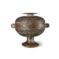 A gold-inlaid bronze food vessel and cover, dou, Warring States Period