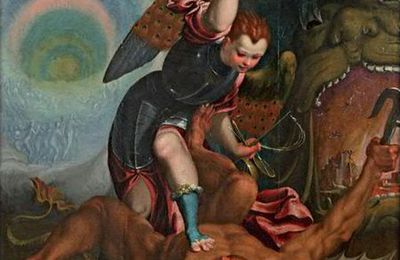 Antonio Sacchiense (dit Moretto da Pordonone ), (Pordenone, 1522 - Côme, 1576)  L'archange Saint Michel piétinant Satan avec les