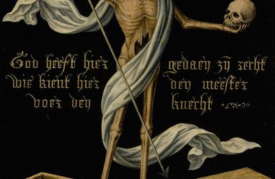 Netherlandish school, mid-16th century, A skeleton standing on an open coffin holding a skull and an arrow
