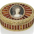 A Louis XV three-colour gold and hardstone snuff-box set with a portrait miniature of Queen Marie-Antoinette of France