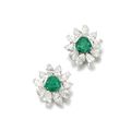 Pair of emerald and diamond ear clips, Cusi