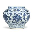 A rare blue and white 'peony' jar, guan, Yuan dynasty