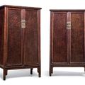 A rare pair of nanmu and burlwood round-courner cabinets, 18th century