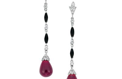 Pair of Platinum, Diamond, Black Onyx and Rubellite Pendant-Earrings