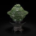 A spinach-green jade reticulated circular incense burner and cover, 18th century