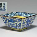 An underglaze blue-decorated yellow-ground square bowl, Jiajing six-character mark in underglaze blue and of the period (1522-15
