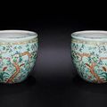 A very large pair of famille rose turquoise-ground 'peach' fishbowls. Da Ya Zhai marks, Guangxu