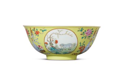 A yellow-ground famille rose ‘medallion’ bowl, Daoguang six-character seal mark in underglaze blue and of the period (1821-1850)