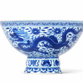 A rare blue and white 'dragons and lotus' stem bowl, Yongzheng seal mark and of the period (1723-1735)