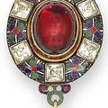 A garnet, chrysoberyl and enamel Holbeinesque pendant, circa 1870