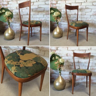 Chaise vintage en teck imprimé paon ed. Pierre Frey