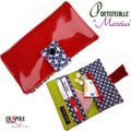 Portefeuille de createur "MARCIUS" ORIGINAL retro pop vinyle rouge brillant /motifs fleurs colorées - artisanal français
