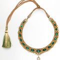 Amrapali yellow gold, Zambian emerald and diamond tassel necklace with central pearl briolette.