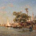 BERCHERE Narcisse (1819 - 1891) "Bord du Nil animé aux felouques" 