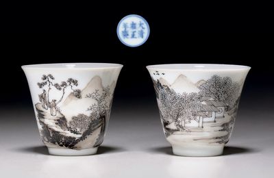 A fine and rare pair of grisaille wine cups, Yongzheng six-character marks and of the period (1723-1735) 