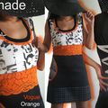 Robe trapèze bicolore de style Sixties graphique  soulignée de dentelle Orange et imprimé Visage !