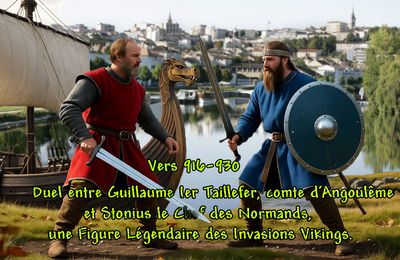 Vers 916-930 Duel entre Guillaume Ier Taillefer, comte d’Angoulême et Stonius le Chef des Normands, une Figure Légendaire des Invasions Vikings.