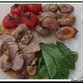 RÔTI DE VEAU AUX CHAMPIGNONS, TOMATES CONFITES, PETITES RATTES SOUFFLEES 