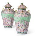 An Extremely Rare Pair of Pink-Ground Famille-Rose ‘Trompe L’oeil’ Jars and Covers, Seal Marks and Period of Qianlong 