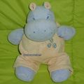 Doudou peluche hippopotame Jollybaby, avec grelot, bleu jaune