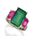 Emerald, pink sapphire and diamond ring