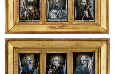 A set of five French enamel plaques of saints, Jacques Laudin II (circa 1663-1729), Limoges, late 17th-early 18th century