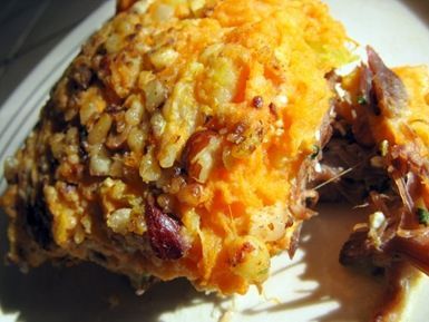 Parmentier de canard et purée de potiron aux noisettes.