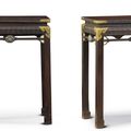 A very rare pair of imperial embellished hardwood corner-leg tables,Qianlong period (1736-1795)