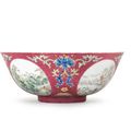 A fine famille rose ruby-sgraffiato-ground 'medallion' bowl, Daoguang seal mark and of the period (1821-1850)