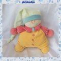 Doudou Poupée Lutin Jaune Bonnet Vert Grelot Fleurs Nounours