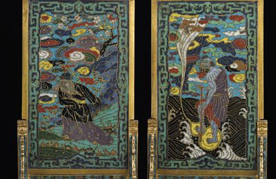 A very rare pair of cloisonné enamel table screens and stands, Kangxi period (1662-1722)