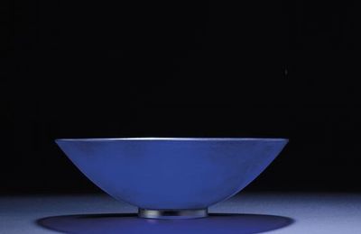 A rare imperial transparent sapphire-blue glass conical bowl, Qianlong incised four-character mark within a square and of the pe