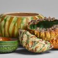 Five sancai-glazed pottery vessels, Tang dynasty