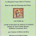 Lecture du Livre d'heures du bois d'automne de Jean-Claude Masson au Théâtre du Nord-Ouest le 9 mars 2014