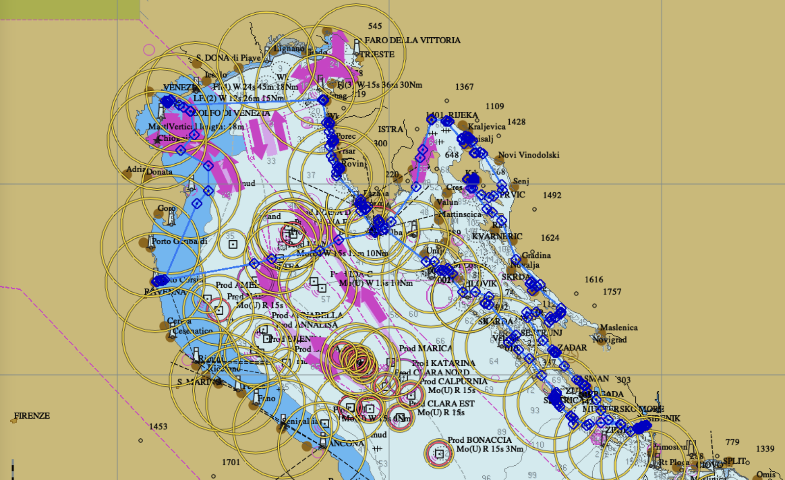 Itinéraire de Biograd à Venise et retour du 7 février au 21 février 2026 (OpenCPN)