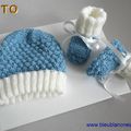 tuto bebe tricot, bonnet et chaussons bleus, explications à telecharger