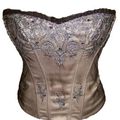 CORSET SATIN BEIGE VOILE NOIR PERLES SOIREE