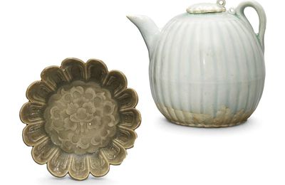 A moulded Yaozhou celadon chrysanthemum-shaped dish and a Qingbai lobed ewer, Northern Song dynasty and Southern Song dynasty